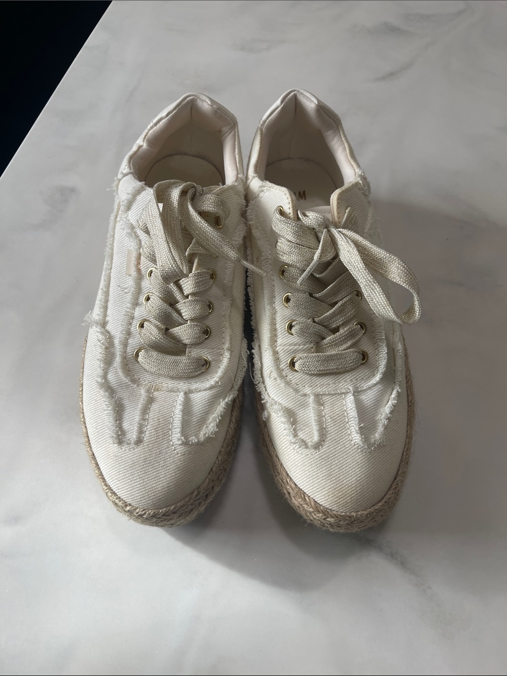 H&M Cream Canvas Lace-Up Espadrille-Trim Sneakers